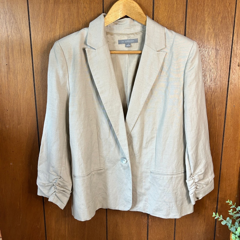 NY Collection Beige Single-Button Linen Blend Blazer Size 14